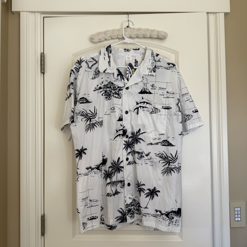 Men's White and Black Tropical Print Shirt